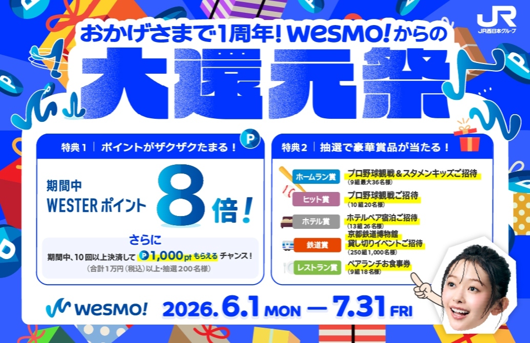 Wesmo!はおかげさまで2026年5月28日にリリース後1周年を迎えました。 日ごろのご愛顧に感謝し、大還元祭（1周年キャンペーン）を開催！！